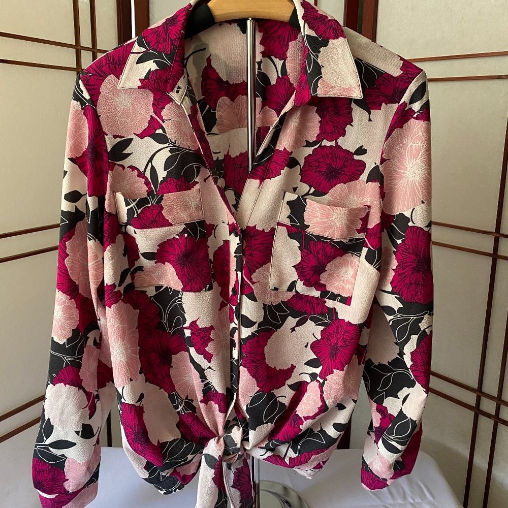 Jones New York Long Sleeve Maroon, Pink, White and Black Blouse - Size Medium